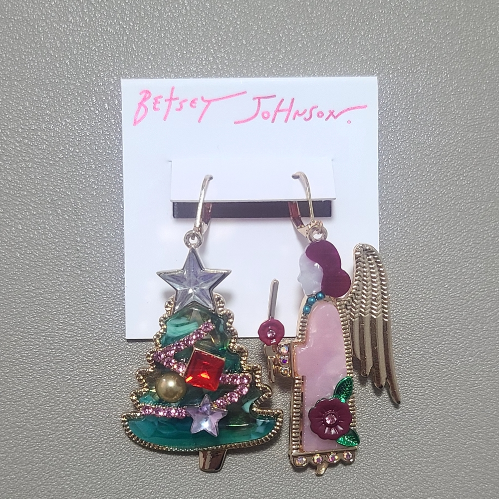 Betsey Johnson Christmas Holiday Angel and Christmas Tree Mismatched Earrings